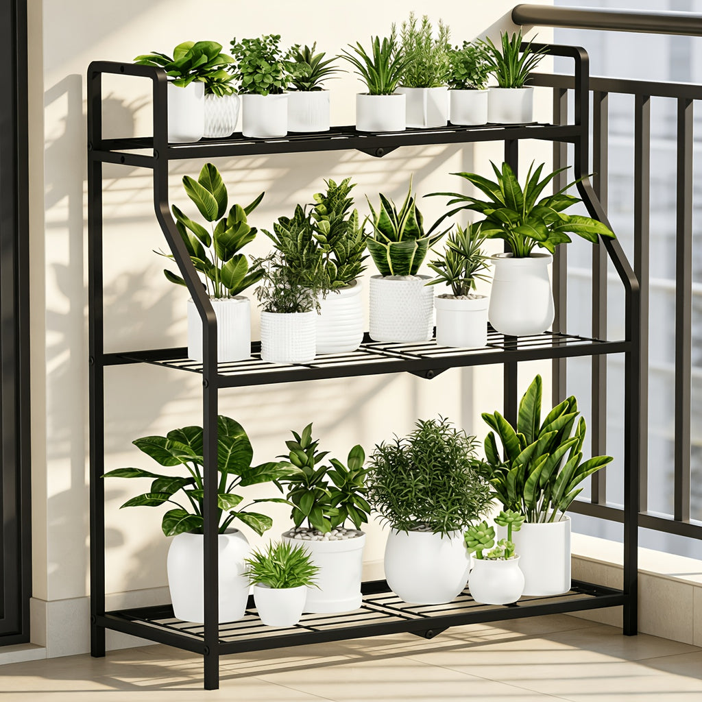 Support pour pot de fleur d'extérieur en acier noir 3 niveaux