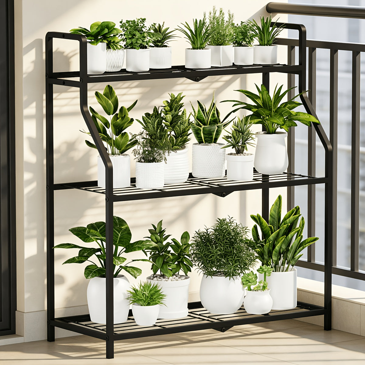 Support pour pot de fleur d'extérieur en acier noir 3 niveaux