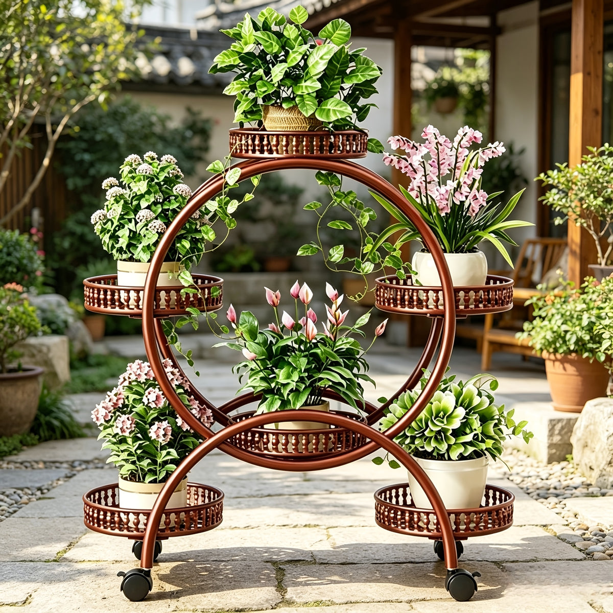 Support pour pot de fleur en fer forgé 6 plateaux 73 x 76 cm