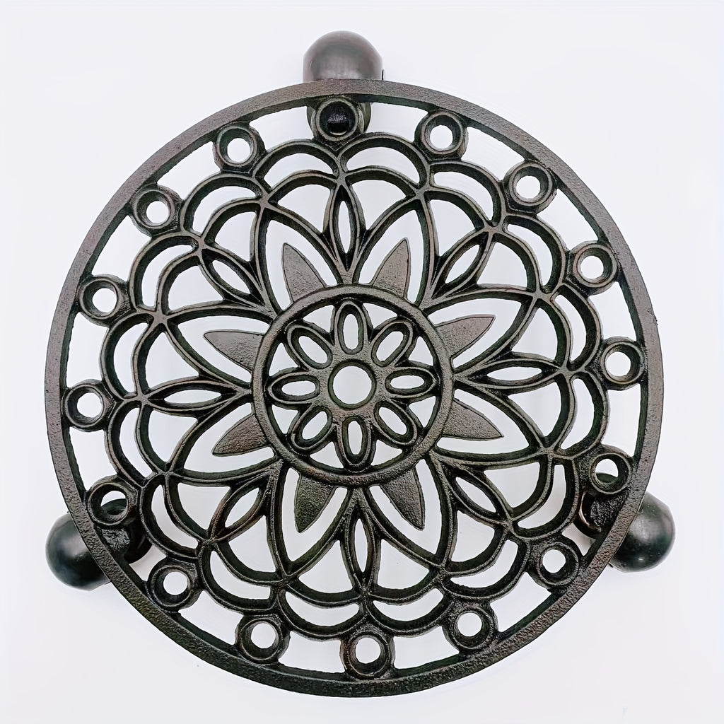 Support pour pot de fleur en fonte ajourée Ø 29 cm à roulettes