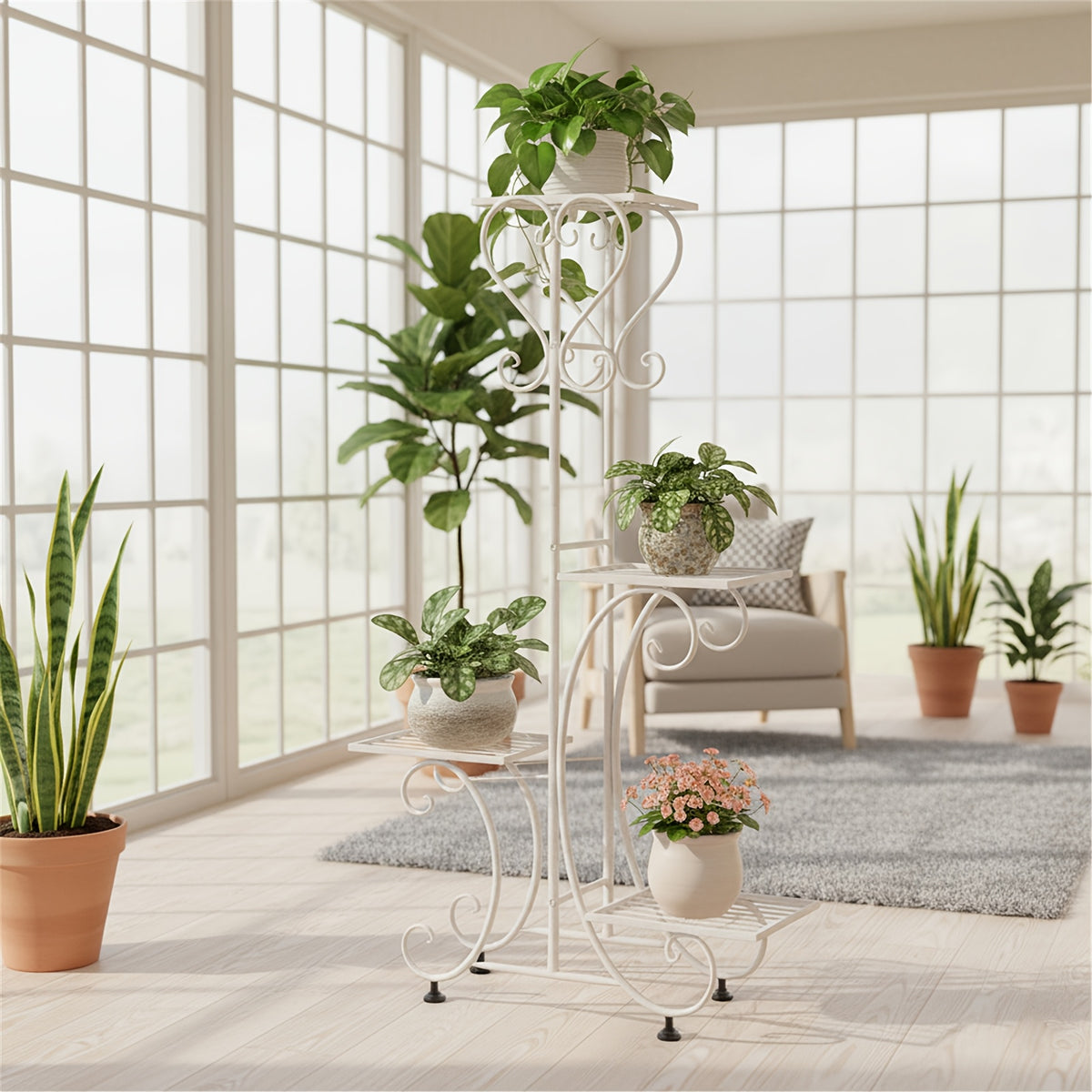Support pour pot de fleur en métal blanc 4 niveaux, 81 cm