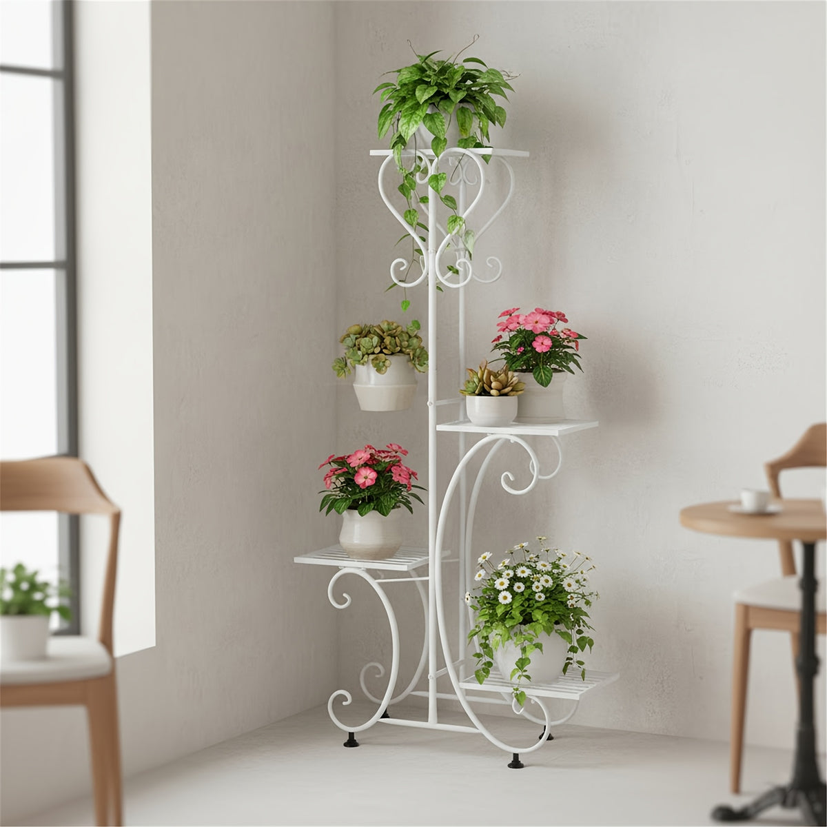 Support pour pot de fleur en métal blanc 4 niveaux, 81 cm