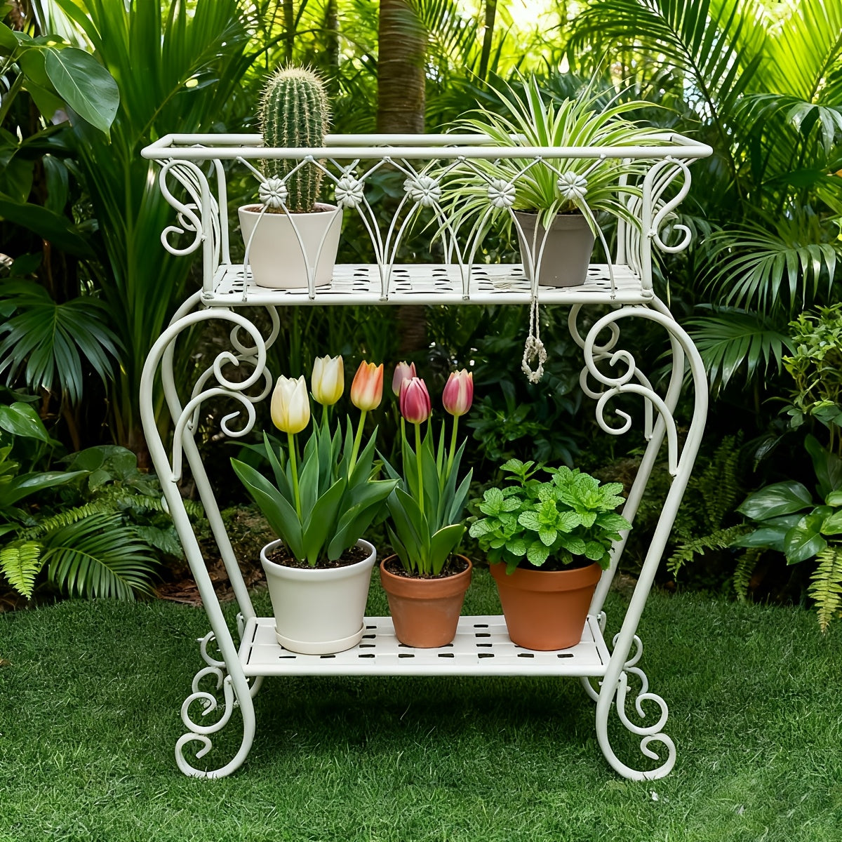Support pour pot de fleur en métal vintage à deux niveaux