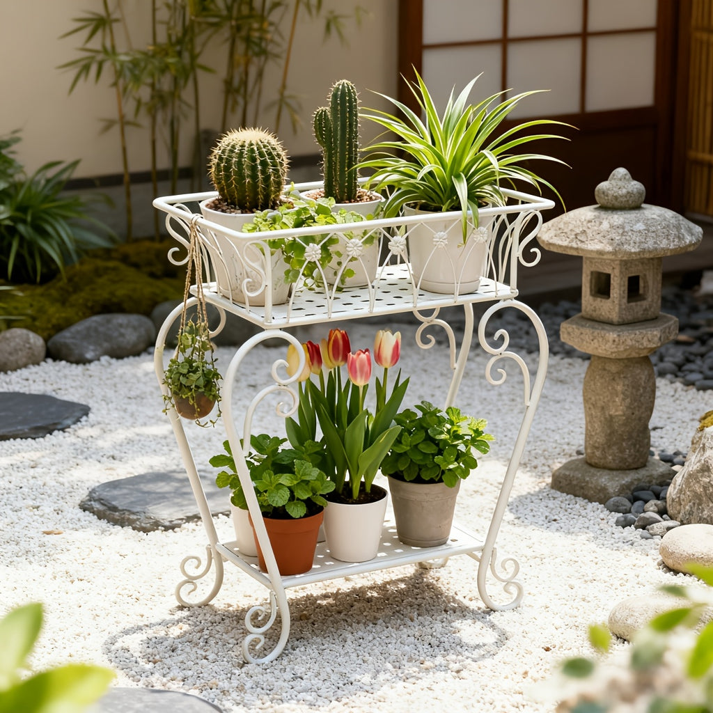 Support pour pot de fleur en métal vintage à deux niveaux