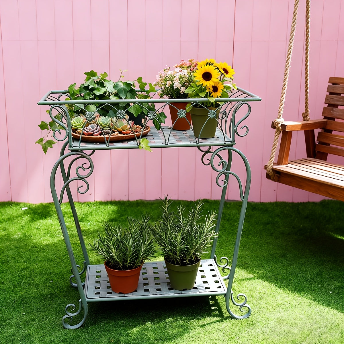 Support pour pot de fleur en métal vintage à deux niveaux