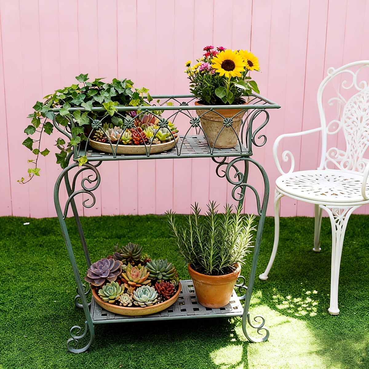 Support pour pot de fleur en métal vintage à deux niveaux