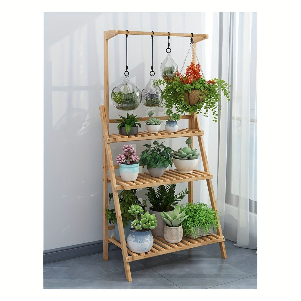 Support pour pot de fleur pliable 3 niveaux en bois, 100 cm