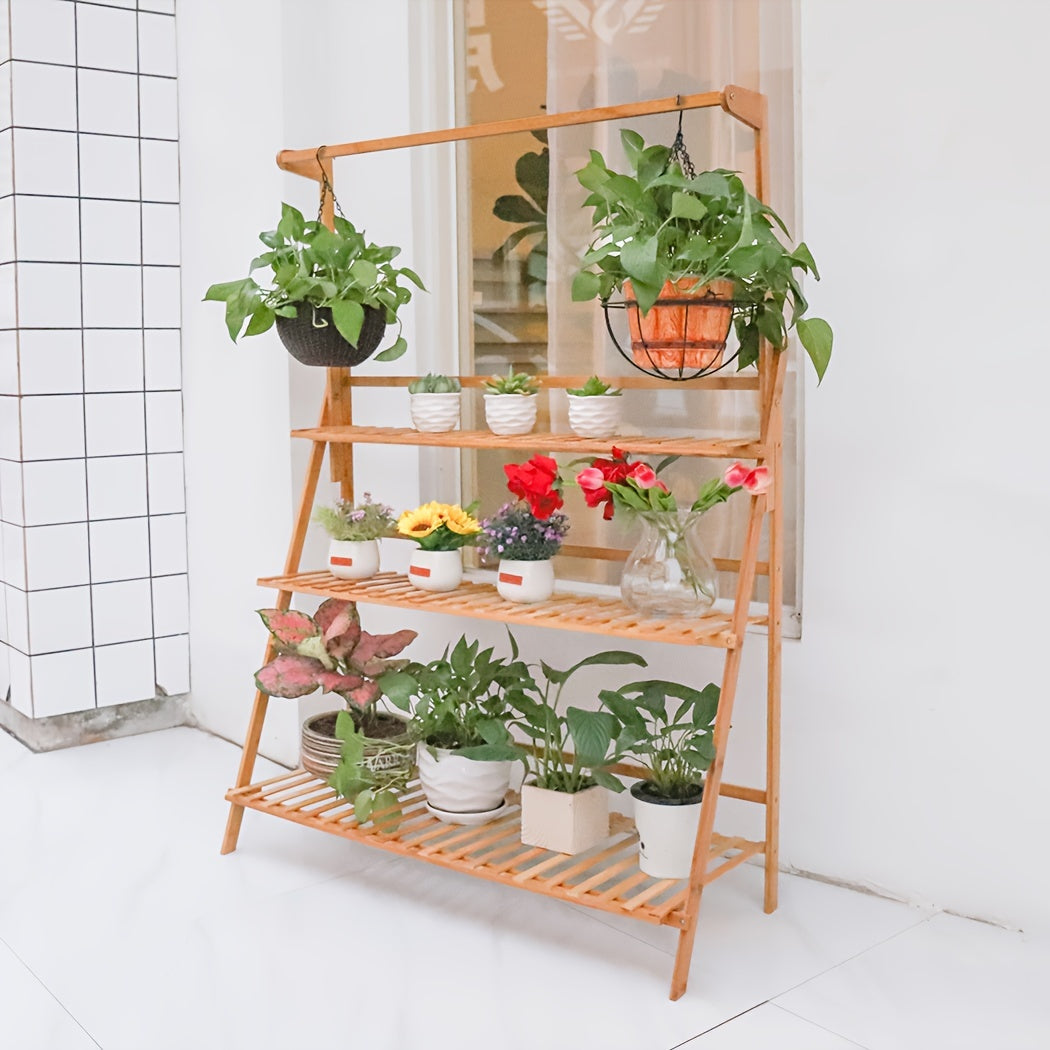 Support pour pot de fleur pliable 3 niveaux en bois, 100 cm