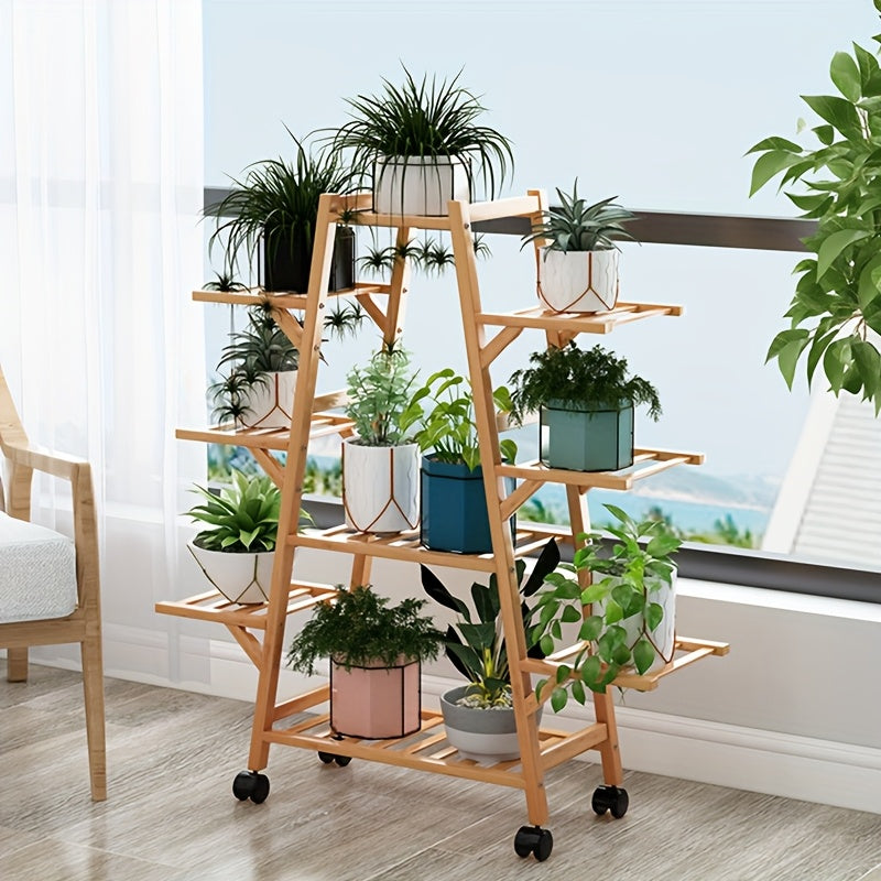 Support pour pot de fleur à roulettes en bois, 7 ou 9 niveaux