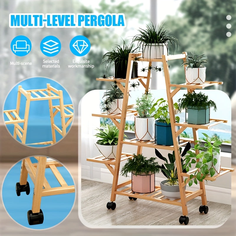 Support pour pot de fleur à roulettes en bois, 7 ou 9 niveaux