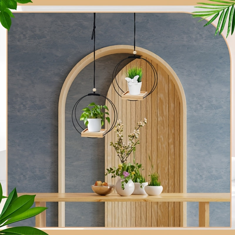Support pour pot de fleur suspendu métal et bois, lot de 2