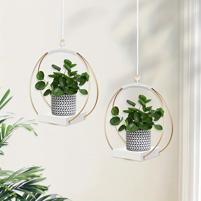 Support pour pot de fleur suspendu métal et bois, lot de 2