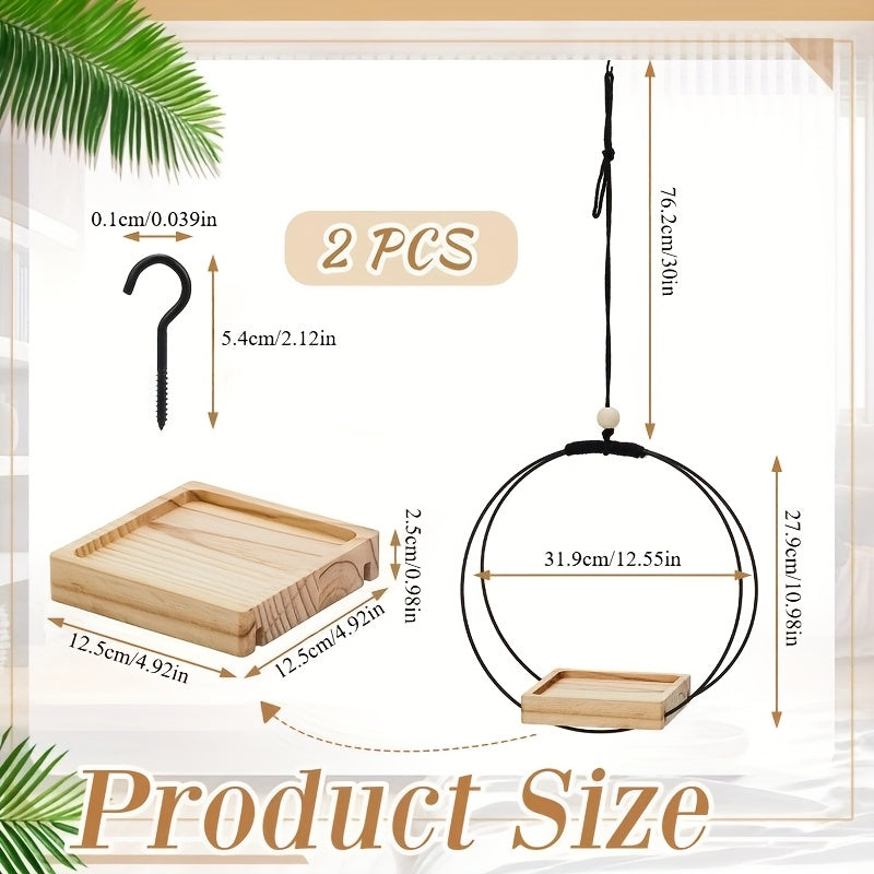 Support pour pot de fleur suspendu métal et bois, lot de 2