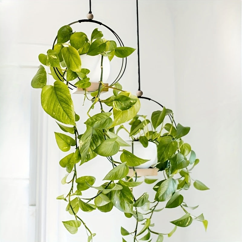 Support pour pot de fleur suspendu métal et bois, lot de 2