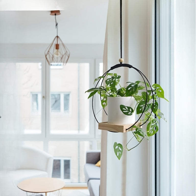 Support pour pot de fleur suspendu métal et bois, lot de 2