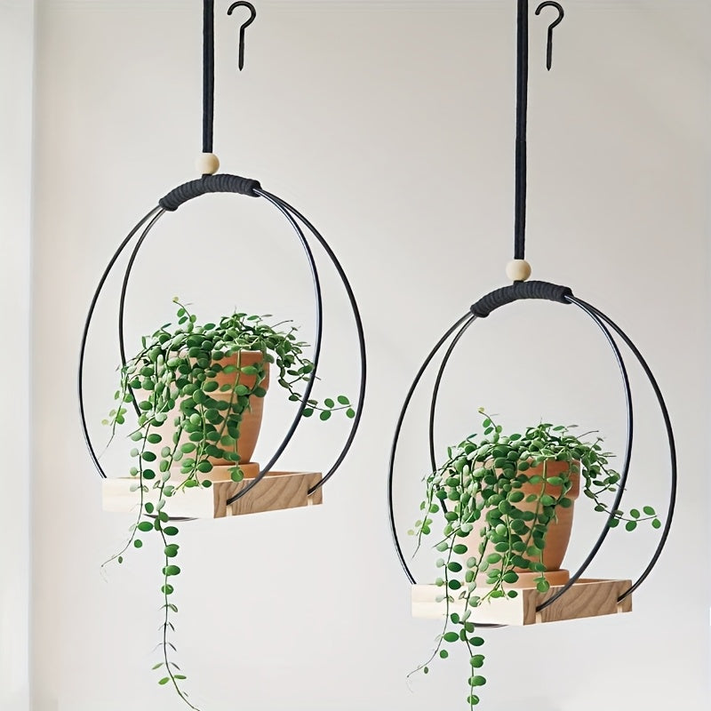 Support pour pot de fleur suspendu métal et bois, lot de 2