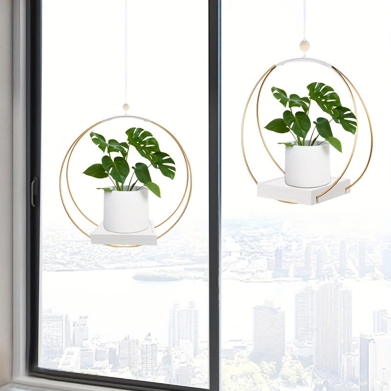 Support pour pot de fleur suspendu métal et bois, lot de 2