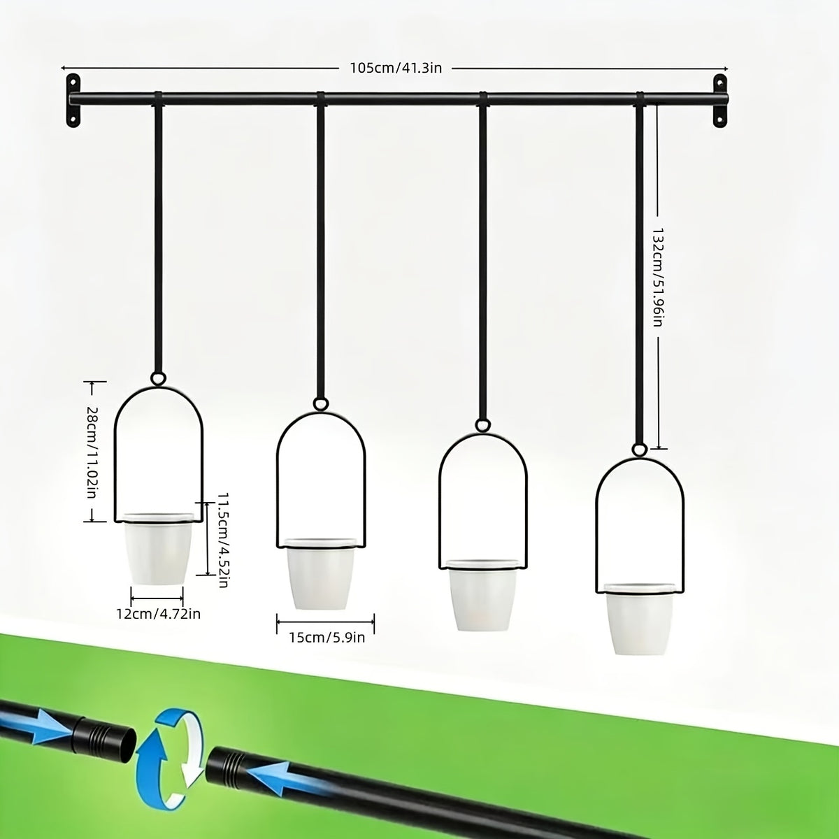Suspension pour plante de balcon — barre 105 cm et 4 pots