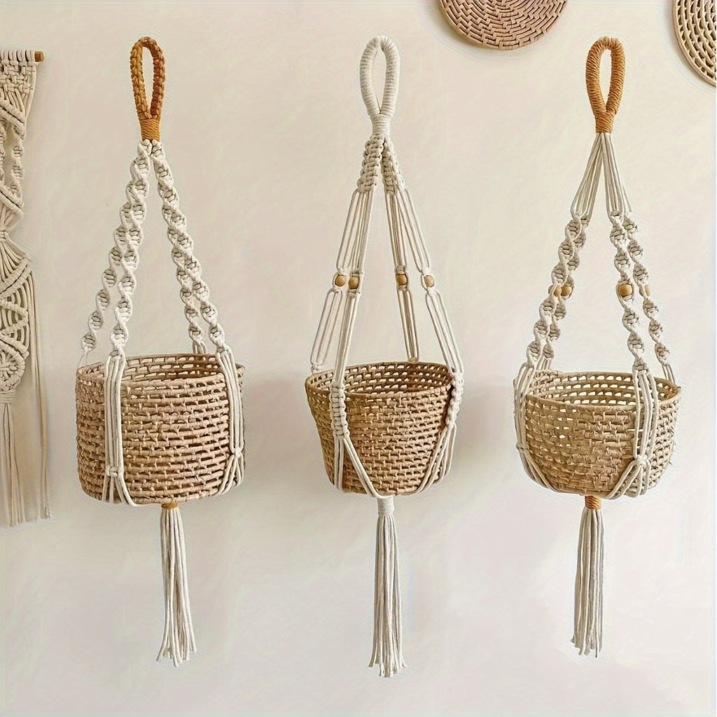 Suspension pour plante en macramé — Lot de 3, coton écru