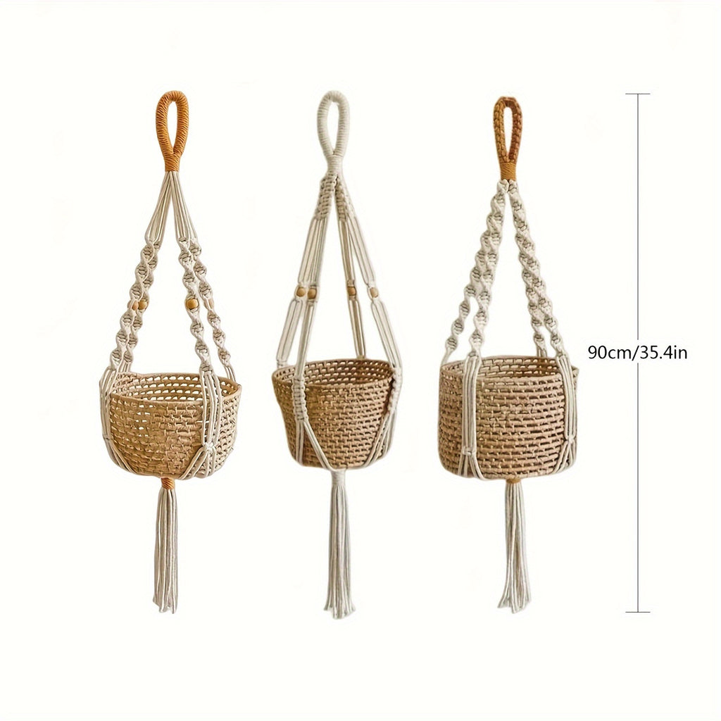 Suspension pour plante en macramé — Lot de 3, coton écru
