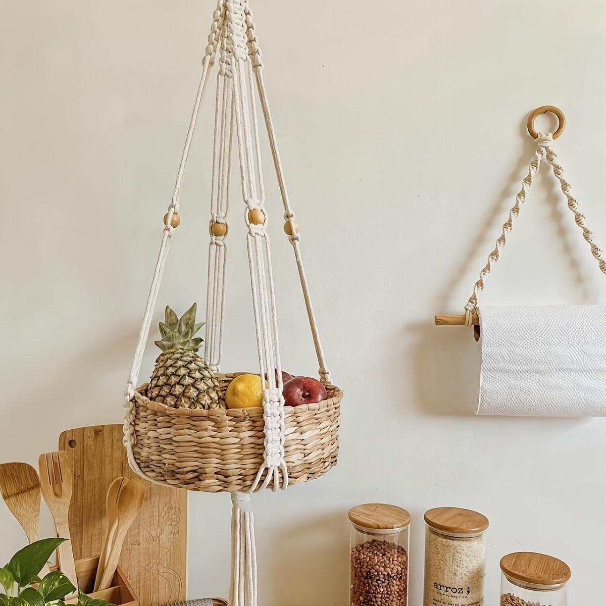 Suspension pour plante en macramé — Lot de 3, coton écru