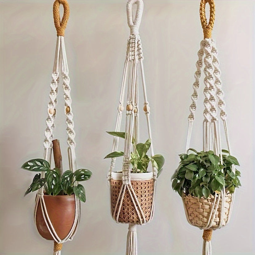 Suspension pour plante en macramé — Lot de 3, coton écru