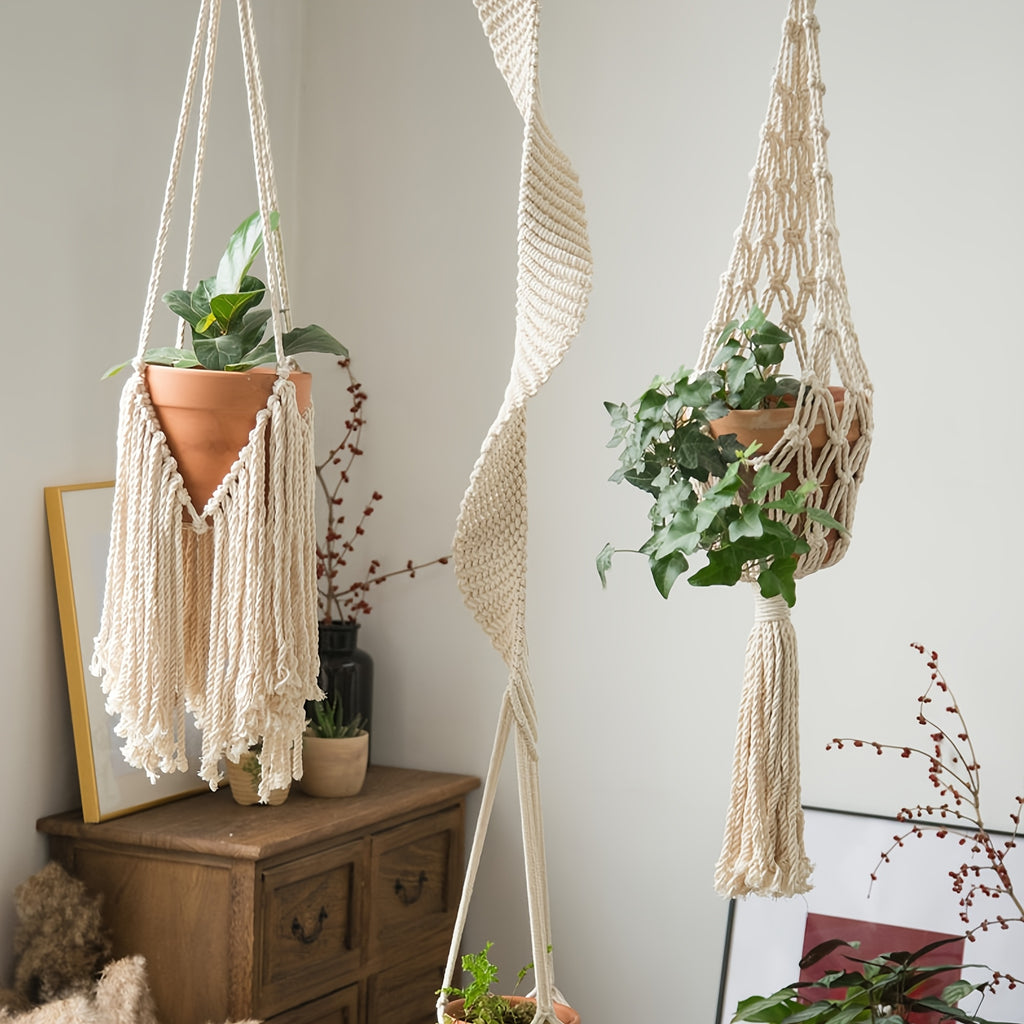Suspension pour plante en macramé à franges — lot de 3 modèles