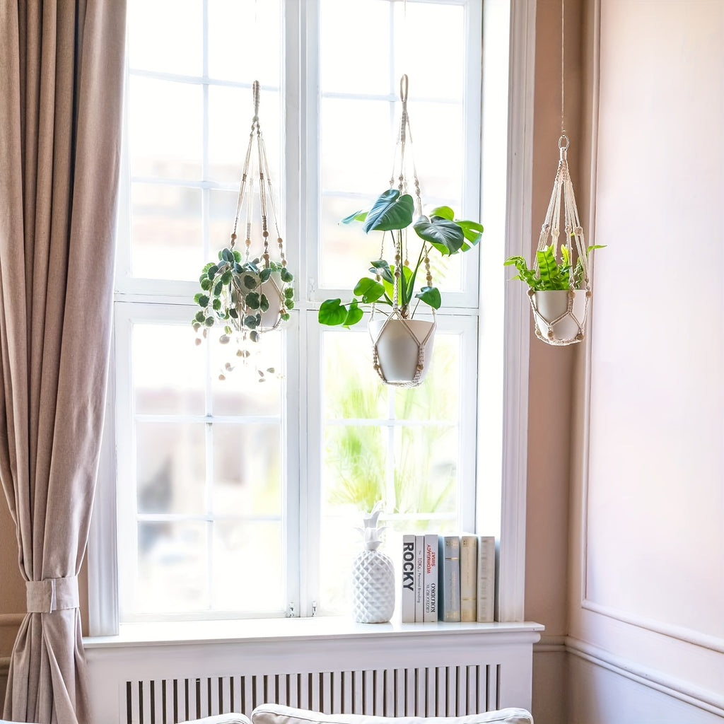 Suspension pour plante en macramé beige — lot de 3 longueurs