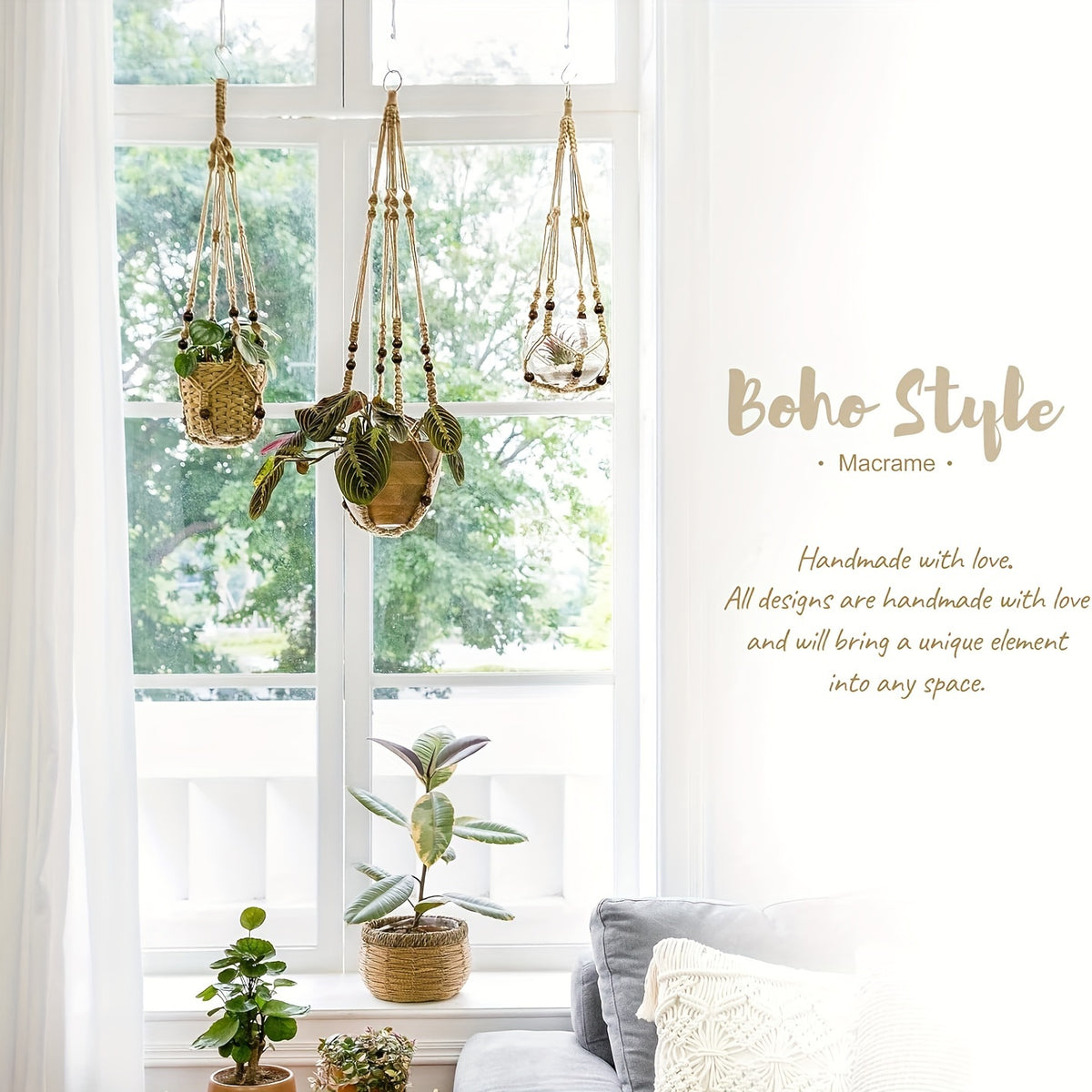Suspension pour plante en macramé beige — lot de 3 longueurs