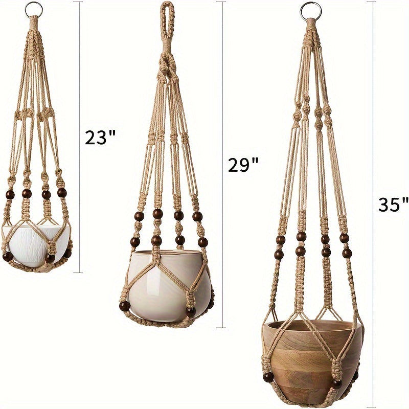 Suspension pour plante en macramé beige — lot de 3 longueurs