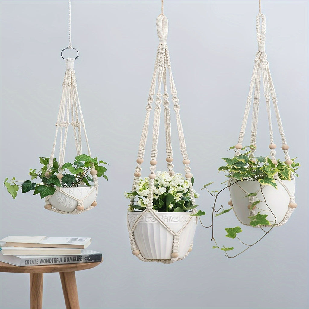 Suspension pour plante en macramé beige — lot de 3 longueurs