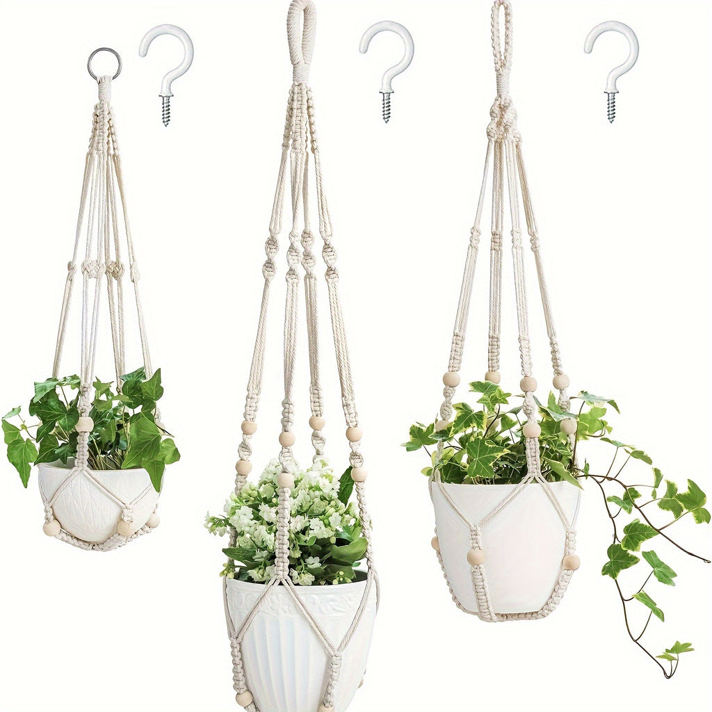 Suspension pour plante en macramé beige — lot de 3 longueurs