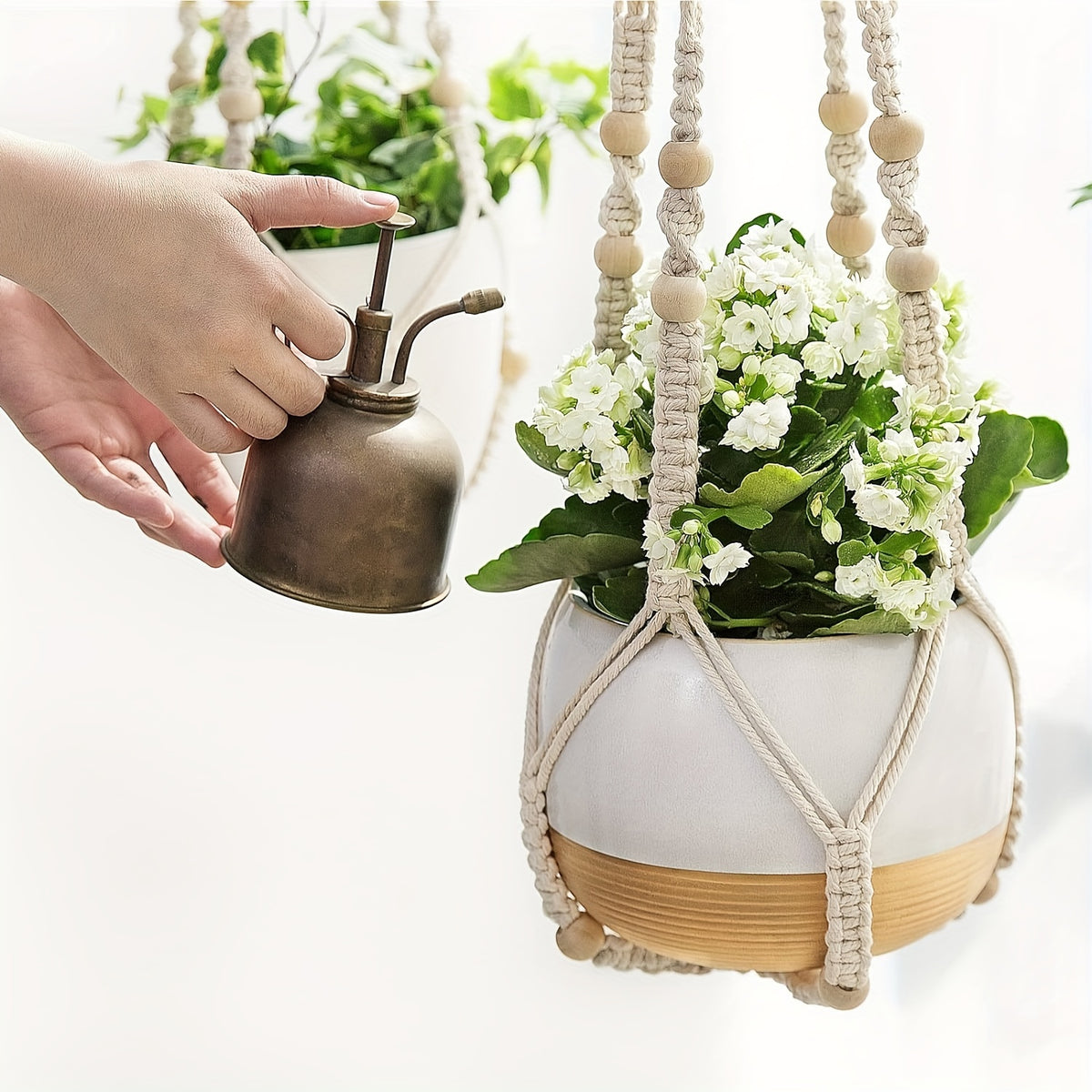Suspension pour plante en macramé beige — lot de 3 longueurs