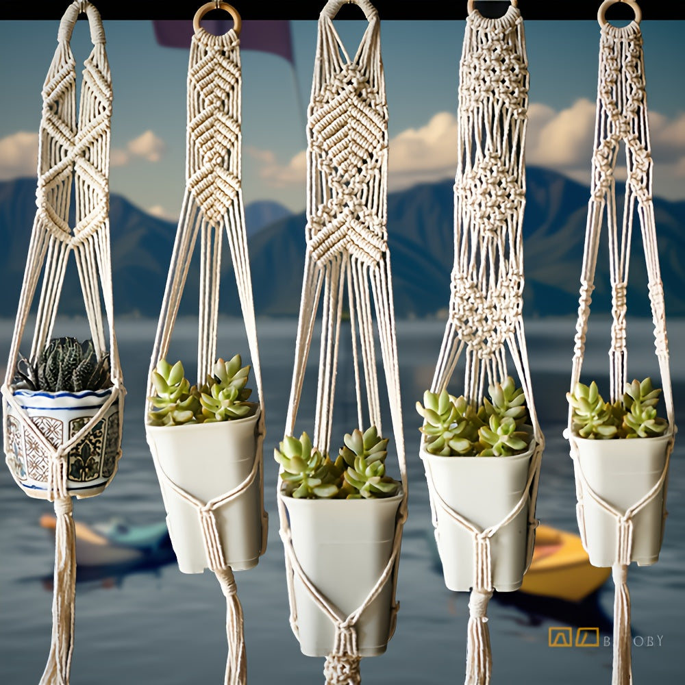 Suspension pour plante en macramé beige — lot de 5, 100 cm