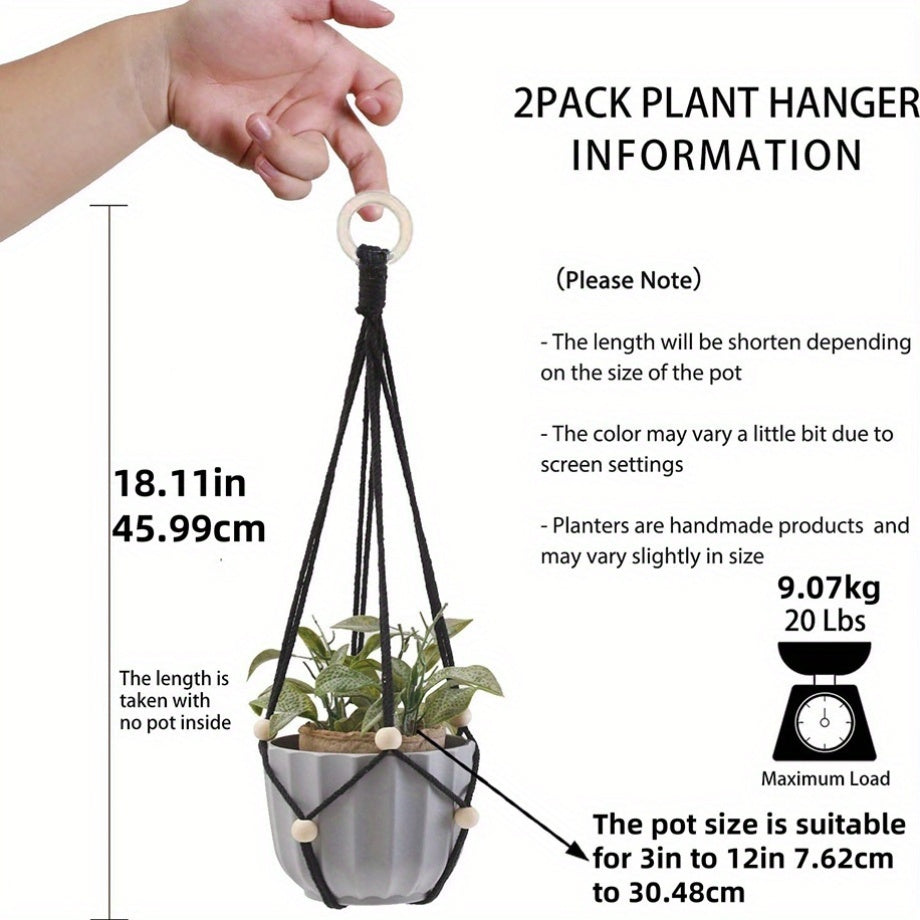 Suspension pour plante en macramé noir, lot de 2 — 9 kg max