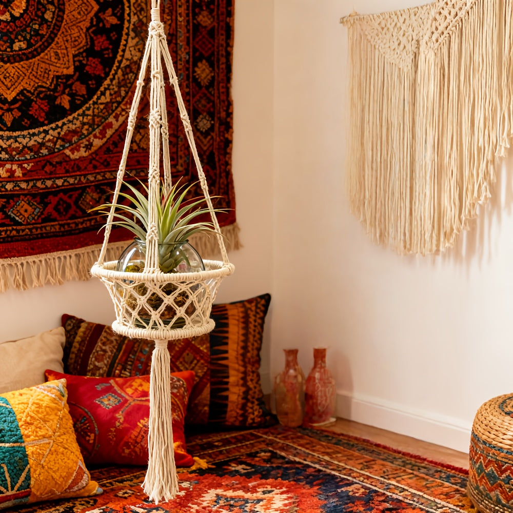 Suspension pour plante en macramé de coton écru, Ø 19 ou 30 cm