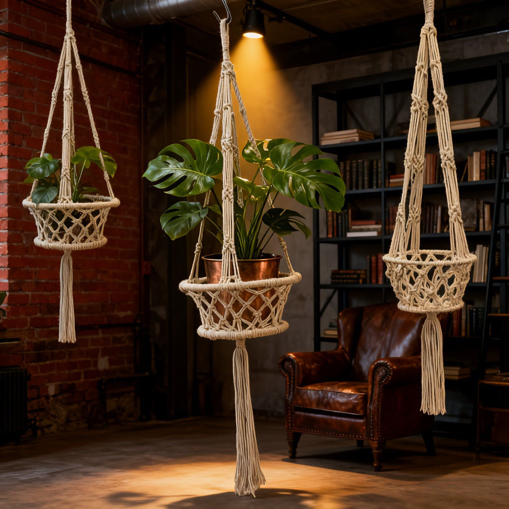 Suspension pour plante en macramé de coton écru, Ø 19 ou 30 cm