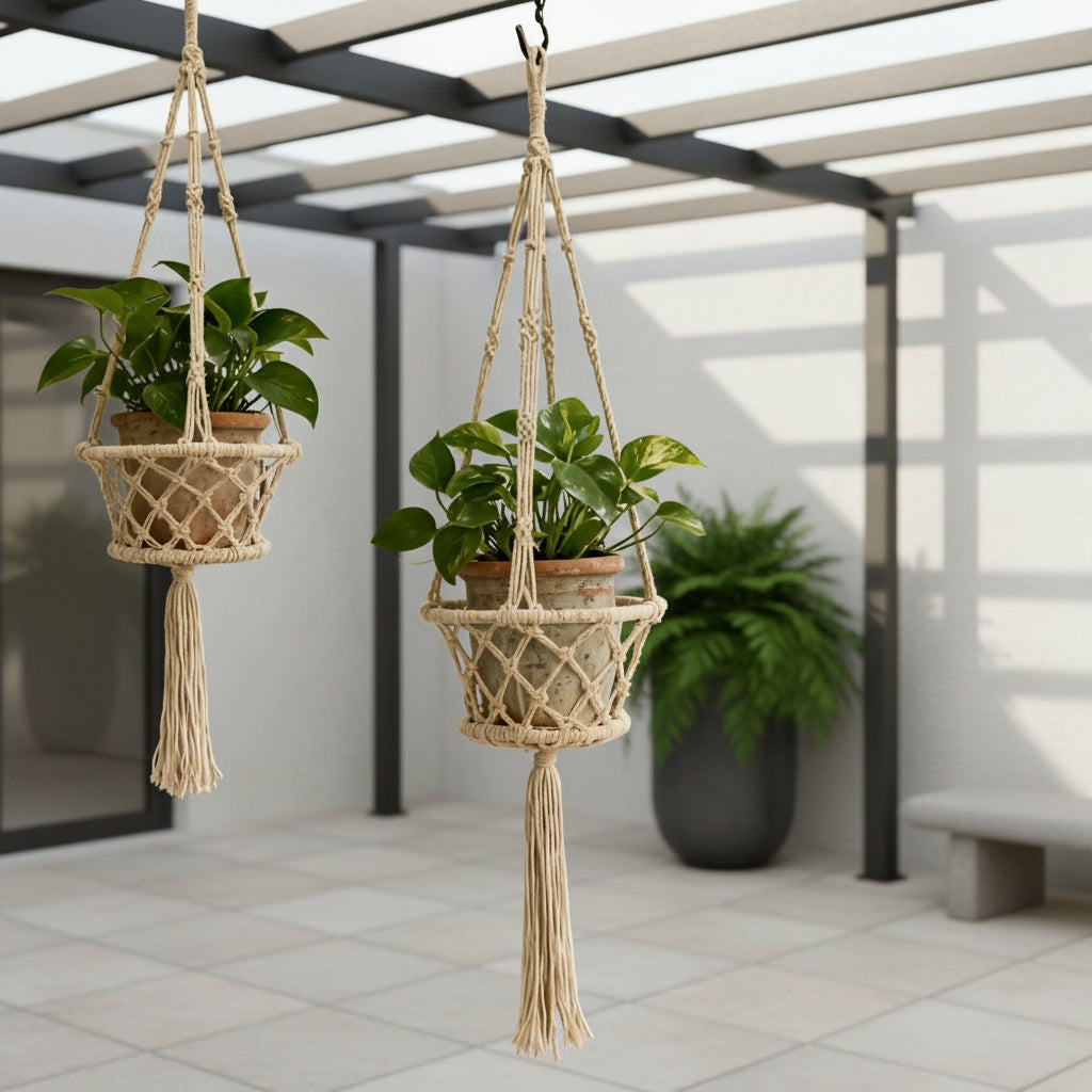 Suspension pour plante en macramé de coton écru, Ø 19 ou 30 cm