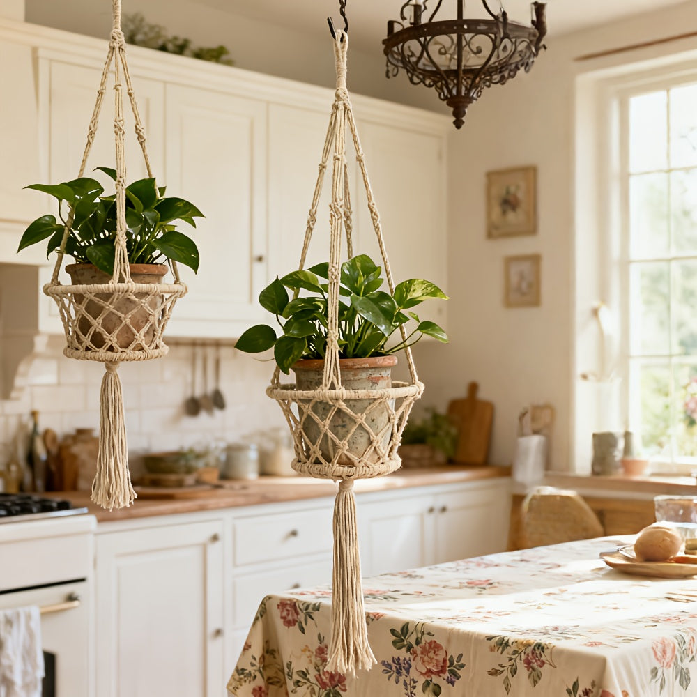 Suspension pour plante en macramé de coton écru, Ø 19 ou 30 cm
